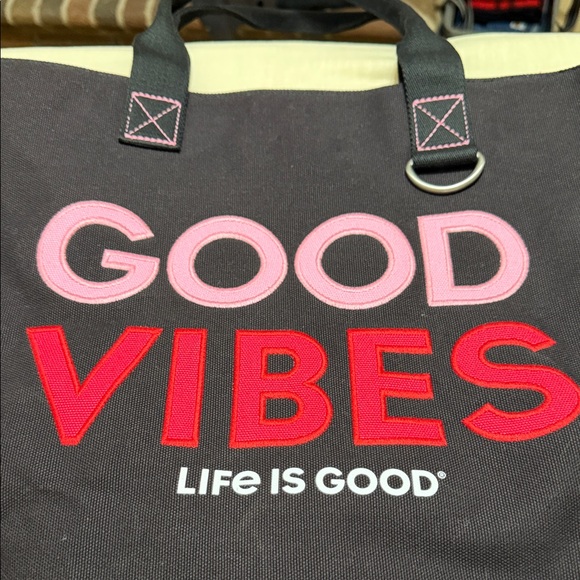 Life Is Good Black Canvas Tote Beach Bag. Pink and Red Lettering “Good Vibes” - Picture 6 of 11